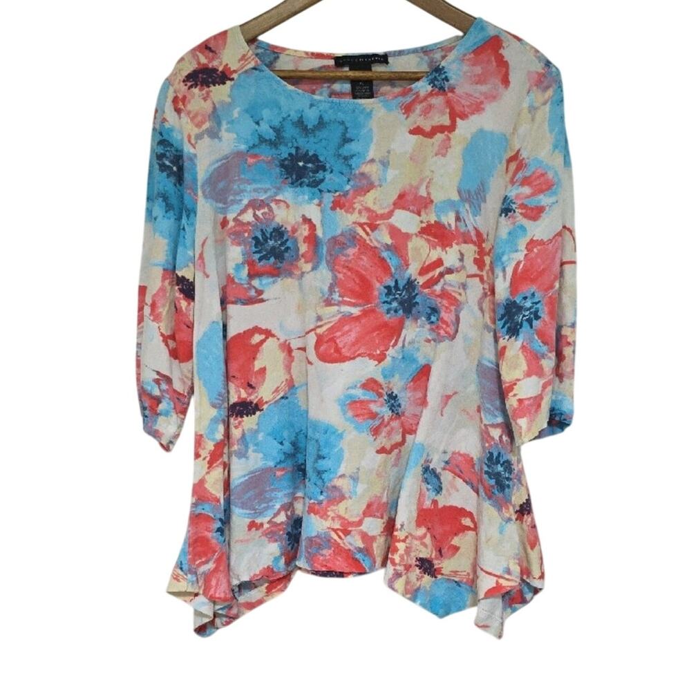 Grace Elements Sz XL Linen Blend Asymmetrical Artsy Lagenlook BOHO Floral Top
